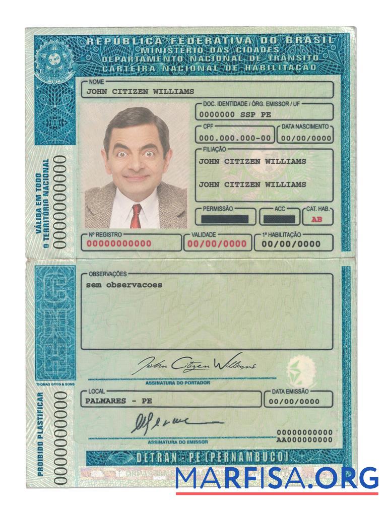 Printable Brazil (Detran Pe, Pernambuco) driving license template